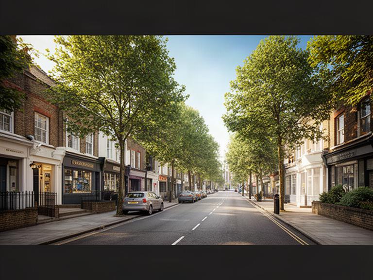 Harrow street near Headstone Lane with independent shops and mature trees in morning light