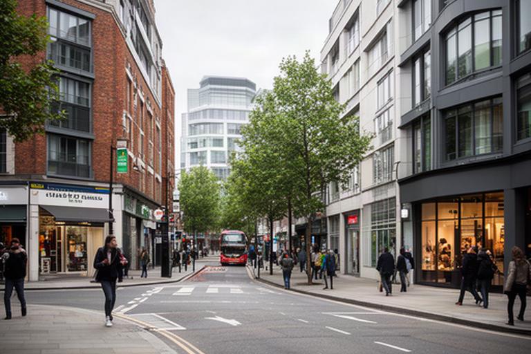 London commuter street with local businesses and office buildings showing the Greater London service area