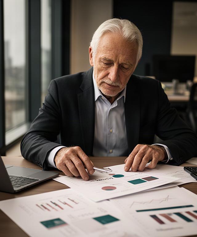 Senior business adviser reviewing printed financial charts at a London office table