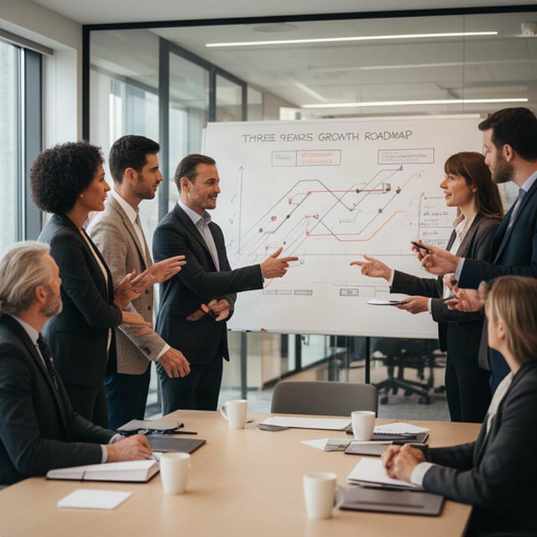 Business leaders reviewing a three-year growth roadmap on a whiteboard in a London meeting room